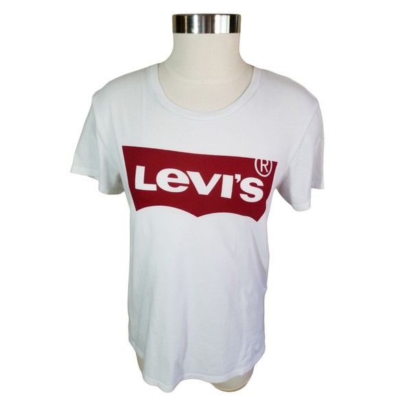 Levi's White Tee T Shirt Top Red Logo Graphic Short Sleeve Scoop Neck Sz Med - Picture 2 of 9